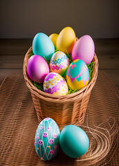 Wall Mural - Colourfull Eastereggs in a basket / Easter Egg Eggs / Ostern / Eastern / Copy Space - blank space