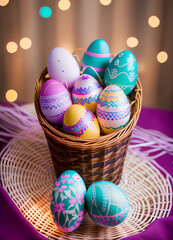 Wall Mural - Colourfull Eastereggs in a basket / Easter Egg Eggs / Ostern / Eastern / Copy Space - blank space