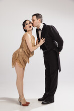 Kiss. Beautiful Couple Of Dancers In Vintage Stage Evening Attires Dancing Tango. Love And Music, Vintage Fashion. Retro Style, Great Gatsby Concept