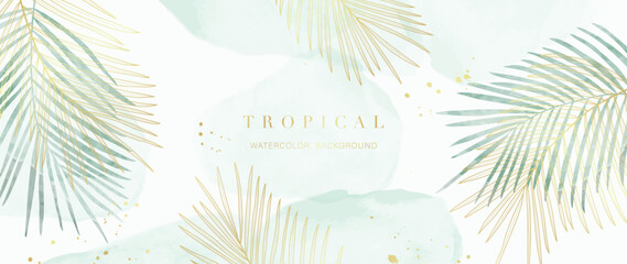 Wall Mural - Tropical foliage watercolor background vector. Summer botanical design with gold line art, palm leaves, green watercolor texture. Luxury tropical illustration for banner, poster, web and wallpaper.