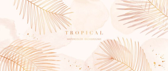 Wall Mural - Tropical foliage watercolor background vector. Summer botanical design with gold line art, palm leaf, orange watercolor texture. Luxury tropical illustration for banner, poster, web and wallpaper.