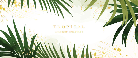 Wall Mural - Tropical foliage watercolor background vector. Summer botanical design with gold line art, palm leaf, green watercolor texture. Luxury tropical illustration for banner, poster, web and wallpaper.