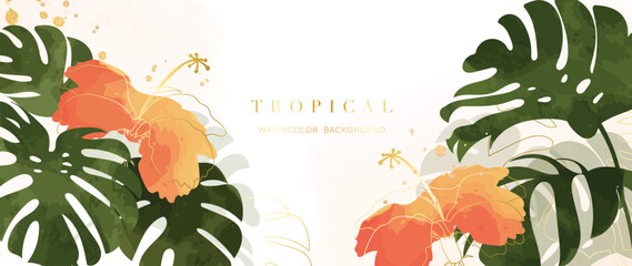 Wall Mural - Tropical foliage watercolor background vector. Summer botanical design with gold line art, monstera leaves, hibiscus flowers. Luxury tropical jungle illustration for banner, poster, web and wallpaper.