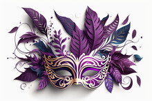 Purple Color Mardi Gras Mask Illustration With Leaves And Feathers