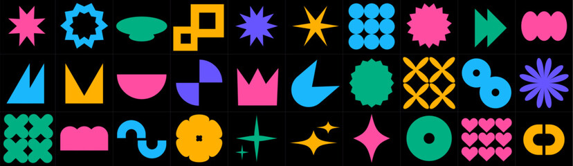 Poster - Geometric figures in the style of brutalism. Trendy geometry. Crowns and stars and daisy flowers. Set with different shapes.