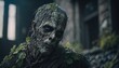 Zombie portrait in overgrown apocalyptic  city. Generative AI