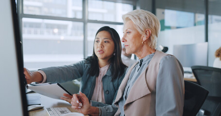 Poster - Business, women and conversation in office, marketing planning and advertising campaign. Females, ceo and employees for sales growth, manager explain system and communication for process and speaking