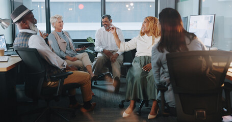 Poster - Business people, communication and team with diversity in workplace, coworking space and collaboration with tablet. Excited senior employee, talking and news with networking, productivity and review