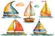 Cartoon sailboats. Watercolor clipart set. Transparent png.