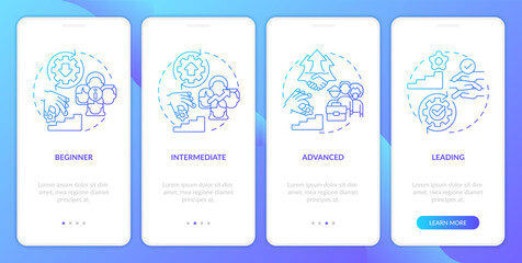 DEI program maturity stages blue gradient onboarding mobile app screen. Walkthrough 4 steps graphic instructions with linear concepts. UI, UX, GUI template. Myriad Pro-Bold, Regular fonts use