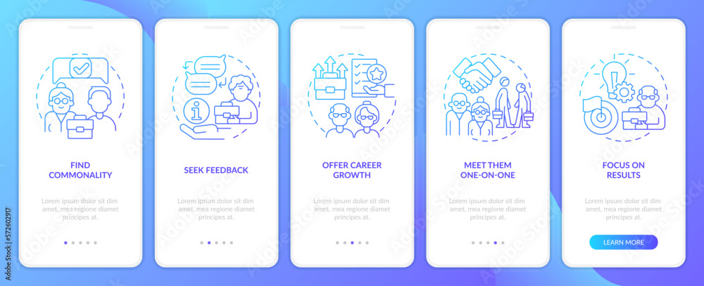 Managers and employees age gap blue gradient onboarding mobile app ...
