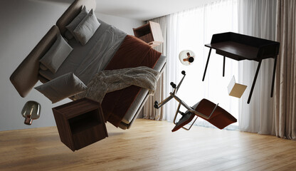 Concept of boom explosion and chaos in the bedroom with flying objects and furniture during sunny day with bed, table, laptop