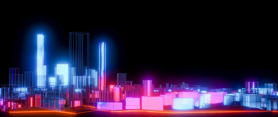 Wall Mural - 3D Rendering. Hologram Low poly city views. urban technology concepts.