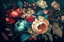 Beautiful Fantasy Vintage Wallpaper Different Botanical Flower Bunch, Vintage Motif For Floral Print Digital Background