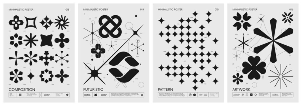 retro futuristic vector minimalistic posters with silhouette basic figures, extraordinary graphic el