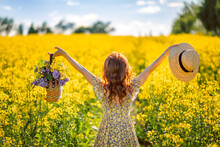 Girl Raised Her Hands To The Sun And The Sky In A Yellow Flower Field Of Rapeseed. She Has A Hat And A Basket Of Flowers. View From The Back