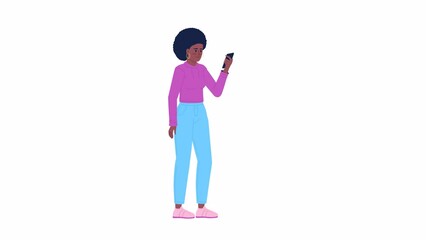 Poster - Animated woman checking phone. Scrolling smartphone constantly. Nomophobia. Flat character animation on white background with alpha channel transparency. Color cartoon style 4K video footage