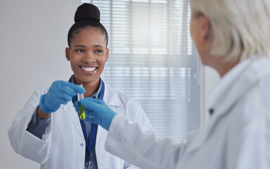 Leinwandbilder - Teamwork, doctors or woman with blood in test tube for success medical search, healthcare or dna research. Science, medicine lab or scientists nurse for fluid sample analysis, study or result examine