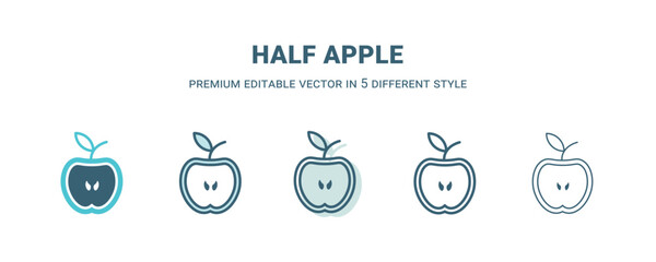 half apple icon in 5 different style. Outline, filled, two color, thin half apple icon isolated on white background. Editable vector can be used web and mobile