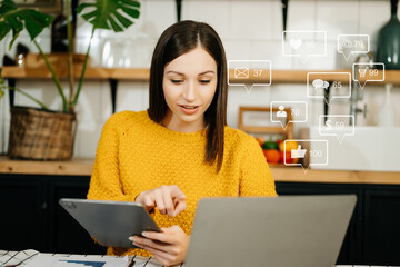 Asian woman typing smartphone, keyboard  with laptop computer of.Social media and Marketing virtual icons screen concept..