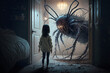 a child's nightmare, a huge tick attacks a little frightened girl, created by a neural network, Generative AI technology