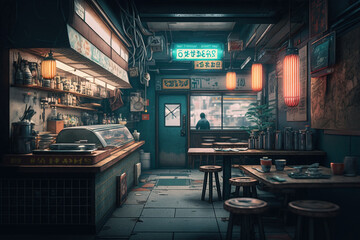 Wall Mural - cramped japanese street restaurant, created by a neural network, Generative AI technology