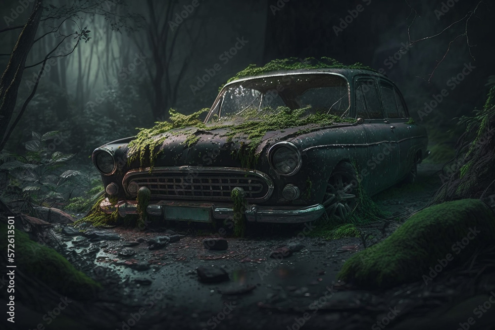 an old abandoned car in the forest overgrown with moss, created by a ...