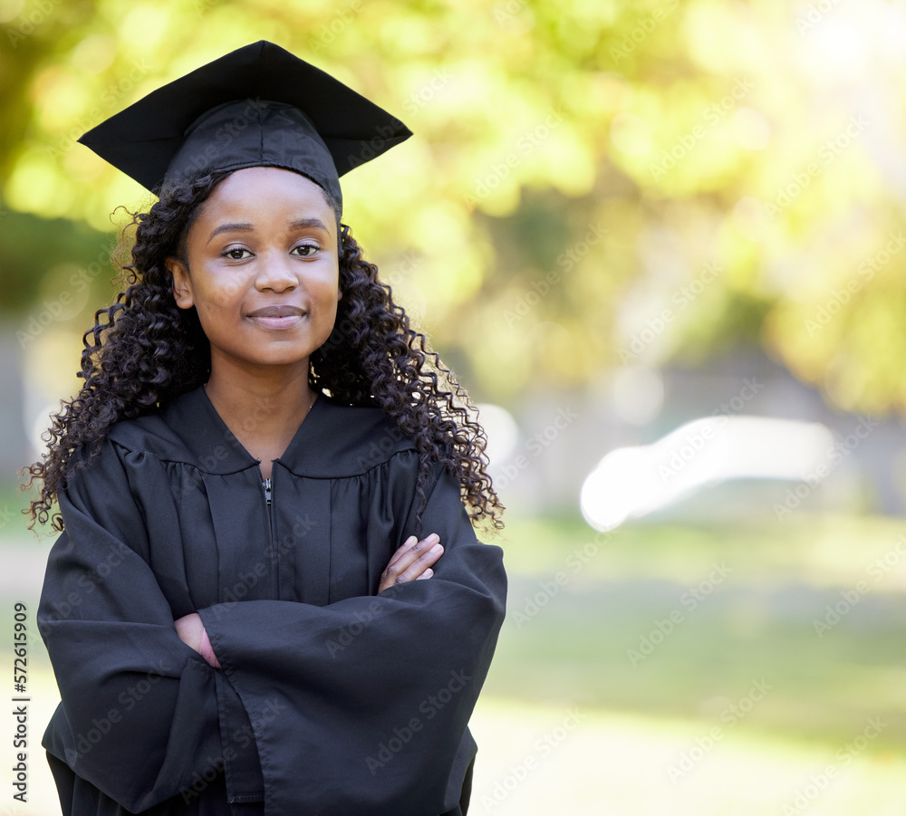 Education, student and graduation by black woman portrait at university ...