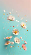 Flowers Creative Composition. Fresh Spring Field Flowers Daisy Sunflowers Flying In The Sky. Mock Up. View, Copy Space. Top. Flat Lay	
