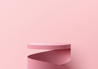 Poster - 3D realistic empty pink podium stand swirl spiral ribbon minimal wall scene background