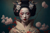 Fototapeta  - geisha with sakura flowers, portrait of a japanese woman, fictional person created with generative ai