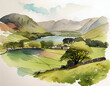 A lake district inspired digital watercolour landscape scene