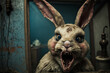 close up of a creepy easter bunny with rotten teeth and erect ears, Generative AI