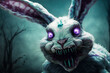 close up of a creepy Easter bunny with sharp teeth and purple eyes, Generative AI