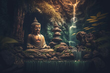 Zen Garden With Buddha Statue And Lotus Flower. Generative AI