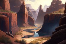 Rugged Canyon With Steep Walls Of Red Rock Towering Above A Meandering River Far Below. Generative AI