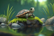 Cute Cartoon Turtle Sitting On A Rock Next To A Pond (Created With Generative AI)