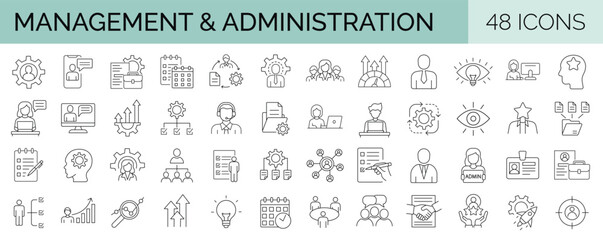 Wall Mural - Set of 48 line icons related to management and administration. Editable stroke. Vector illustration