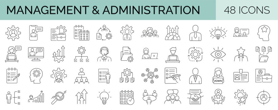 set of 48 line icons related to management and administration. editable stroke. vector illustration