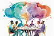 Team of multicultural people sitting in resturant. Meeting of colleagues. Cloud network, teamwork, ideas concept. vector art style generative ai