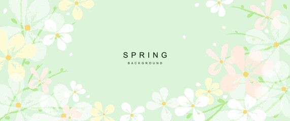 Wall Mural - Spring abstract vector background with flowers, green branches and leaves. Art illustration for graphic and web design, presentation, wallpaper, poster, banner, card, print, packaging, beauty 