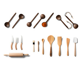 Kitchen utensils isolated on transparent background, top view.