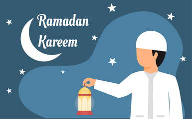 Wall Mural - ramadan kareem wishes design with a muslim holding a lantern in flat design. suitable for background