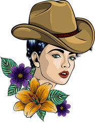 Sticker - vector illustration of Pretty country girl, cowgirl.