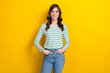 Photo of positive slim youngster working office woman hands pockets satisfied her new vacancy stylish outfit isolated on yellow color background