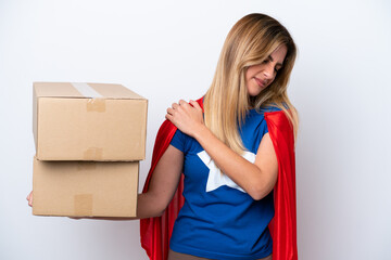 Wall Mural - Super Hero delivery woman isolated on white background suffering from pain in shoulder for having made an effort