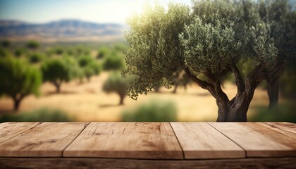 Poster - Old wooden table for product display with bokeh background of a natural green olive field. Olive tree layout design with a natural generative ai