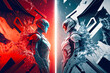© LeArchitecto - Two heroes characters before match in white and red color. Postproducted generative AI illustration.