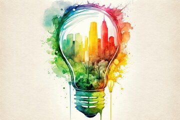 Wall Mural - Watercolor rainbow light bulb with city background. Generative AI