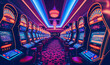 Luxury casino interior with lots of slot machines. Postproducted generative AI illustration.
